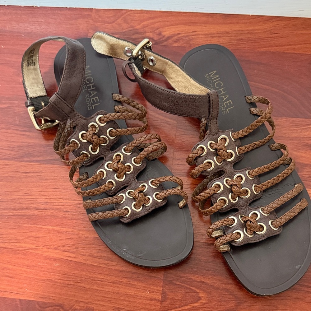 Michael Kors Brown Braided Leather Gladiator Sandals with Gold Hardware